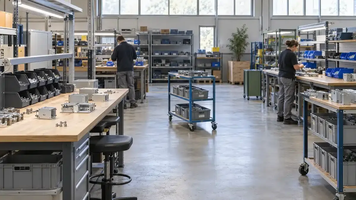 Atelier avec établis, bacs de pièces métalliques et chariot dans une allée centrale