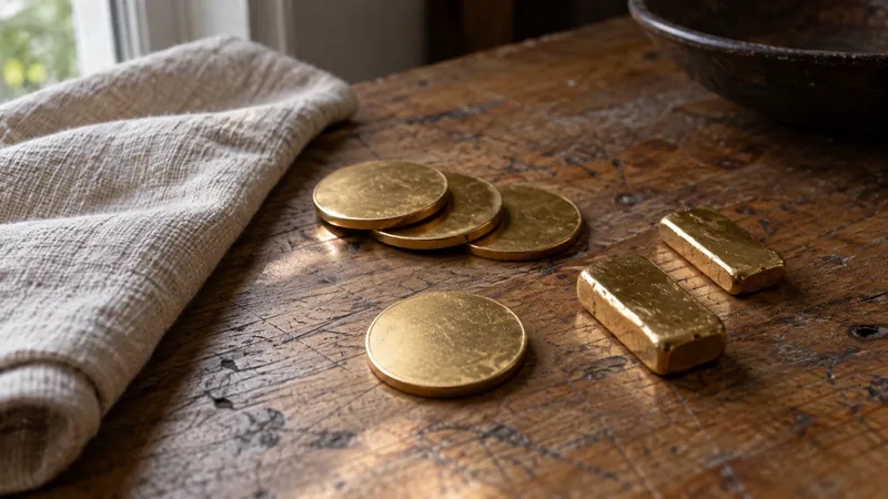 Disques métalliques dorés et deux petits objets rectangulaires dorés sur une table en bois usée, à côté d’un tissu clair.