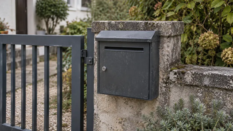 Boîte aux lettres gris foncé fixée sur un pilier en pierre, près d’un portail et de végétation.