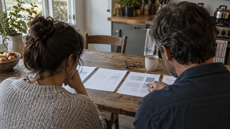 Deux adultes vus de dos comparent des feuilles disposées sur une table de cuisine, à côté de lunettes et d’une tasse.