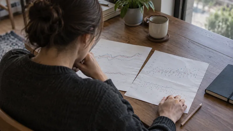 Une personne vue de dos examine deux feuilles portant des courbes et des points sur une table en bois, près d’une tasse, d’un crayon et d’un carnet fermé.