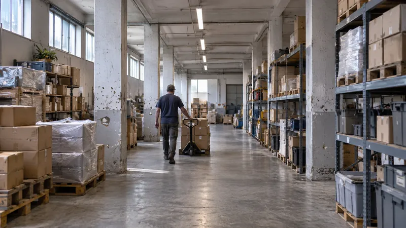 Une personne vue de dos tire un transpalette chargé de cartons dans une allée d’entrepôt éclairée par des luminaires linéaires et des fenêtres hautes.
