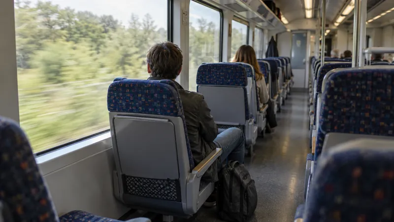 Des voyageurs vus de dos sont assis dans un train, avec un sac au pied du siège au premier plan et de la végétation visible par les fenêtres.