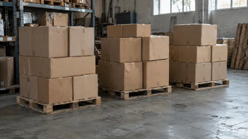 Trois palettes en bois chargées de cartons bruns dans un entrepôt avec rayonnages métalliques.