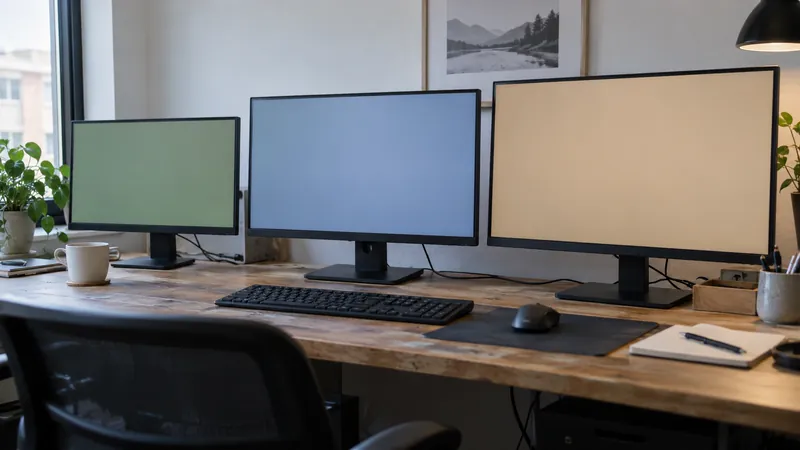 Trois écrans de tailles croissantes sur un bureau en bois, avec clavier, souris et tasse.