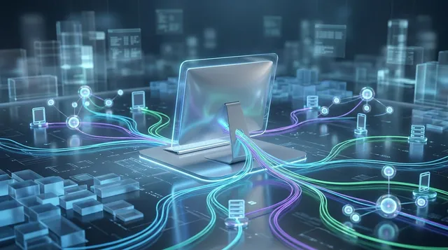 Illustration numérique d'un ordinateur central connecté à un réseau d'appareils via des lignes de données lumineuses.