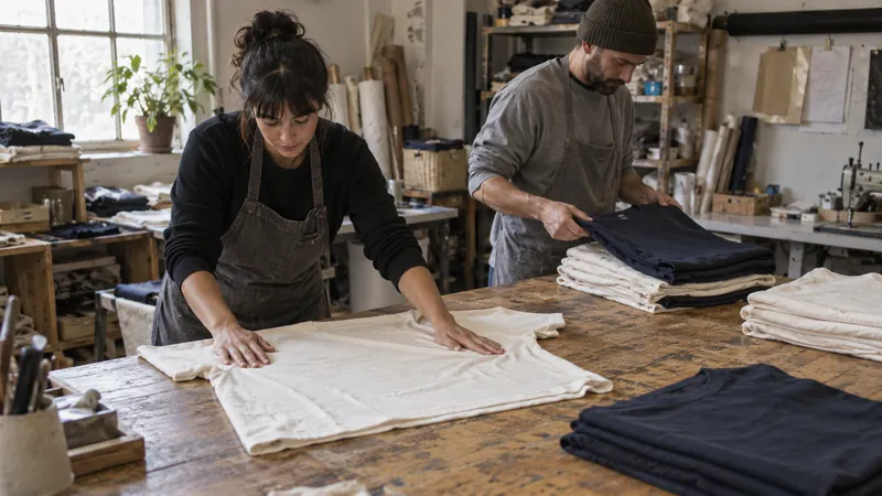 Deux personnes préparent des tee-shirts unis écrus et bleu marine sur une table en bois dans un atelier textile.