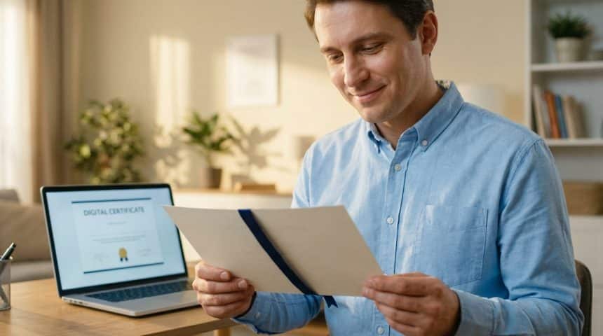 A man in a blue shirt smiles, looking at a diploma with a blue ribbon. A laptop shows "DIGITAL CERTIFICATE" in the background.