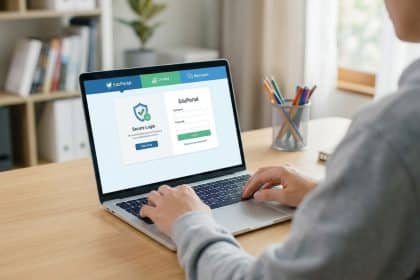 Jovem usando laptop para fazer login em plataforma educacional. Tela mostra segurança, notas e mensagens. Ambiente de estudo.