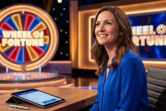 Woman in blue top smiles hopefully, looking off-camera. Tablet with application and pen on desk. Blurred Wheel of Fortune set in background.