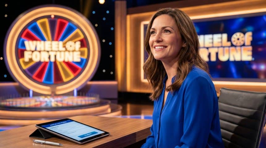 Woman in blue top smiles hopefully, looking off-camera. Tablet with application and pen on desk. Blurred Wheel of Fortune set in background.