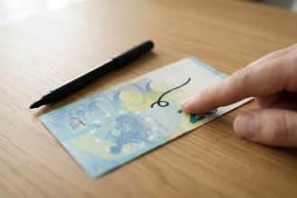 A crisp banknote, similar to a Euro, with a black pen mark, is on a wooden desk. A hand points to the mark; a pen lies beside it.