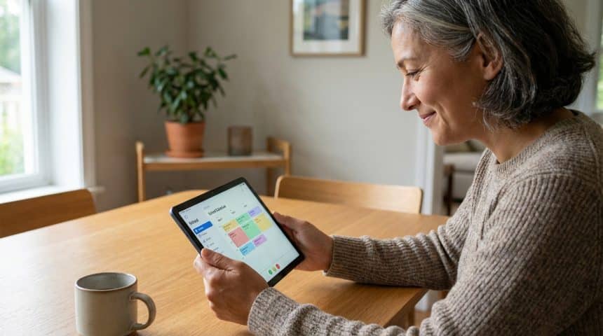 A woman with gray hair smiles subtly, viewing a school portal on a tablet at a wooden table in soft daylight, reflecting calm understanding.
