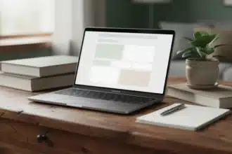 Ordinateur portable sur bureau en bois avec plante