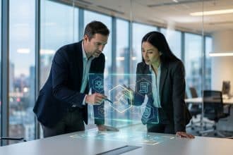 Two professionals analyze a holographic compliance display with legal and data protection icons in a modern office setting.