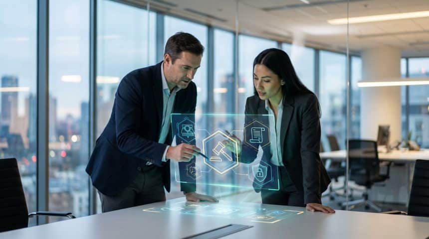 Two professionals analyze a holographic compliance display with legal and data protection icons in a modern office setting.