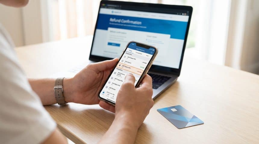 Hands hold a smartphone displaying a banking app with 'AMZ Digital FRA' highlighted. A credit card and laptop showing 'Refund Confirmation' are on a desk.