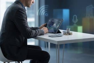 Man in blazer analyzing dynamic financial charts on a tablet at a desk with coins and a calculator. Background shows revenue stream icons.