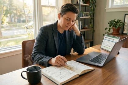A person intently plans their business, writing in a notebook at a sunlit desk with a laptop and steaming coffee.