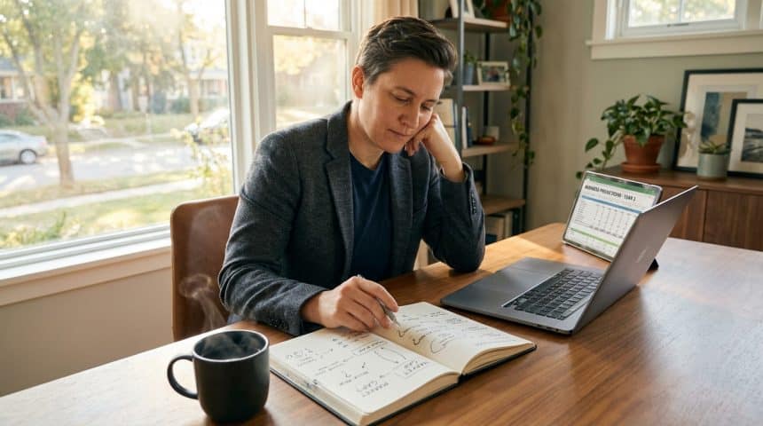 A person intently plans their business, writing in a notebook at a sunlit desk with a laptop and steaming coffee.