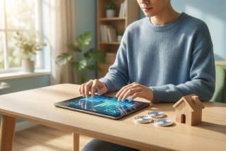 Person at minimalist desk with tablet showing financial data, wooden house, and coins. Sunlit, calming interior.