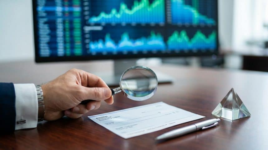 Hand with magnifying glass scrutinizes check on desk; blurred screen shows financial charts and data visualizations.