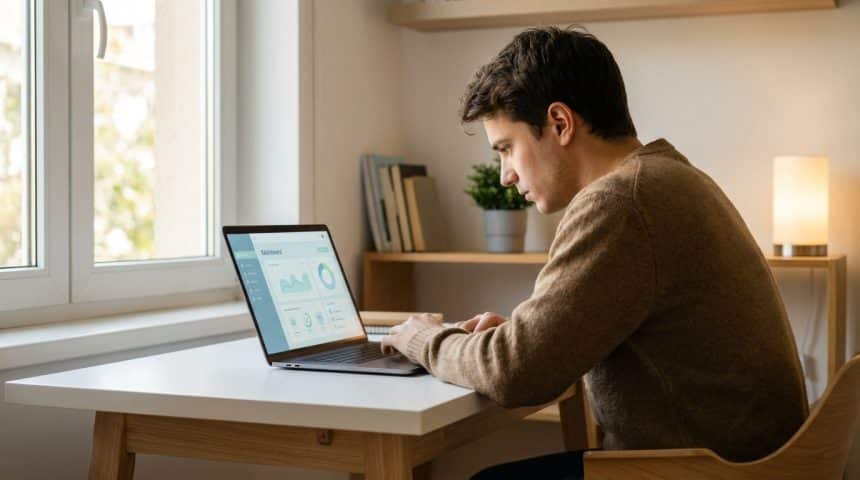 A young man in a brown sweater sits at a clean desk, focused on his laptop displaying an educational dashboard with charts. Natural light fills the room.