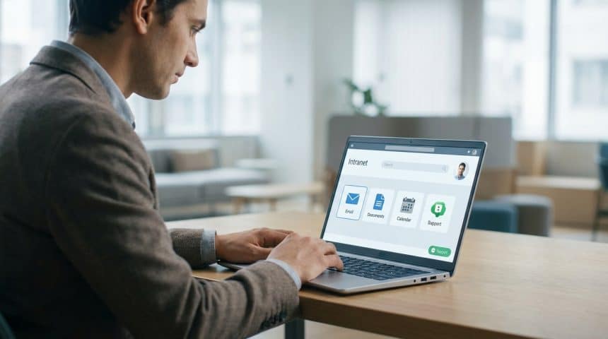 A focused professional at a modern desk uses a laptop displaying an intranet dashboard with icons for email, documents, calendar, and support.