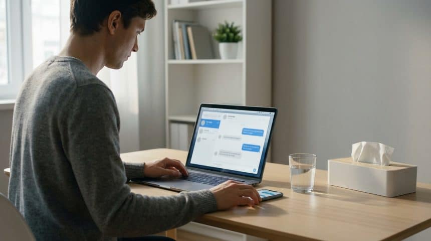 A man in a grey sweater works intently on a laptop and smartphone at a clean wooden desk in a home office, with water and tissues.