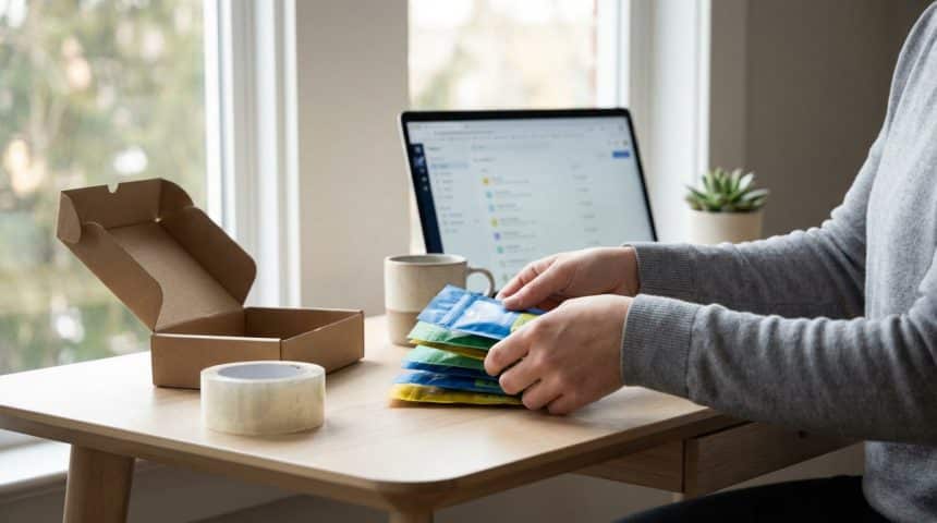 Hands arrange colorful sample packages on a modern desk with an open box, tape, and laptop, bathed in natural light.