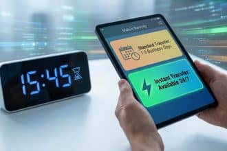 A digital clock showing 15:45 with a cut-off symbol next to hands holding a tablet displaying instant and standard bank transfer options.