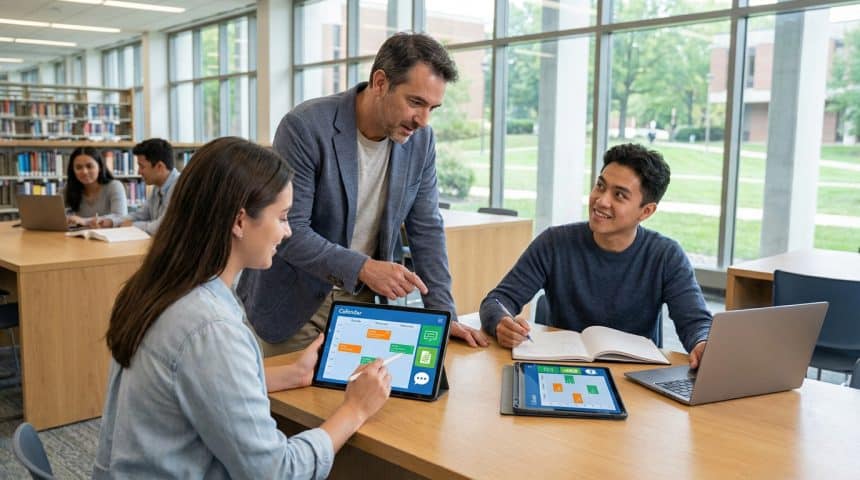 Professor and two students collaborate in a bright university library, using tablets with calendar apps and a laptop. One student points at a screen, another takes notes.