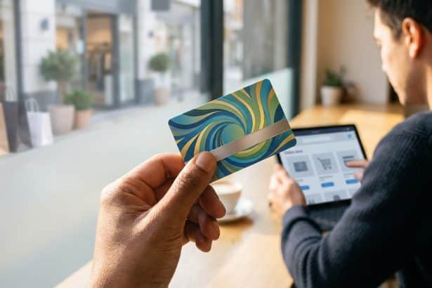 A hand holds a vibrant, abstract gift card. In the blurred background, a person shops online on a tablet and a retail store is visible.