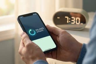 Anonymous hands check a banking app showing 'BALANCE UPDATE' at 7:30 AM, in soft morning light.