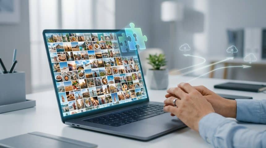 Hands over laptop screen with image thumbnails and glowing puzzle icon. Blurred background shows cloud paths, hinting at digital choices.