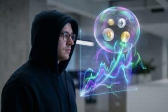 A person in a hoodie and glasses intently watches a holographic display of cryptocurrency charts with a fragile, cracked bubble.