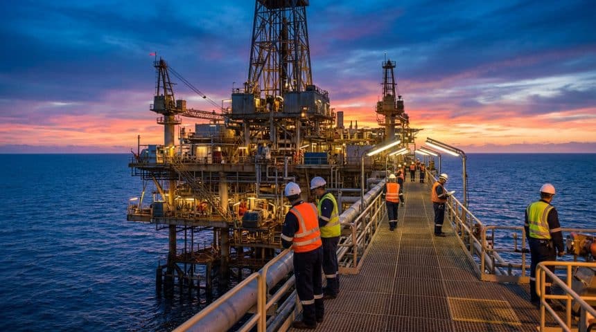 An offshore oil platform at dawn, with workers in safety gear on a well-lit deck, against a dramatic orange, purple, and blue sky over a calm ocean.