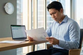 A man in a blue shirt thoughtfully reviews a document displaying 'Total Hours' at a modern desk with a laptop and wall clock.