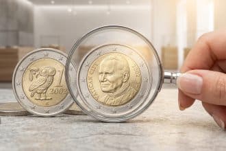 Close-up of a hand holding a magnifying glass over a rare Vatican 2 euro coin (Pope John Paul II), next to a Greek 2 euro coin (owl) on a grey surface.