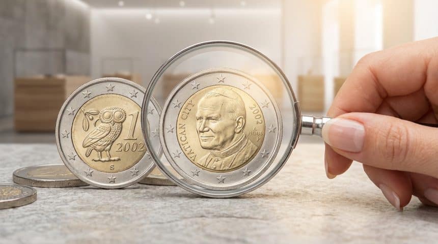 Close-up of a hand holding a magnifying glass over a rare Vatican 2 euro coin (Pope John Paul II), next to a Greek 2 euro coin (owl) on a grey surface.