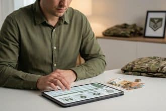 A reservist reviews detailed pay scales and allowances on a tablet, with cash and military gear nearby. Focuses on financial planning.