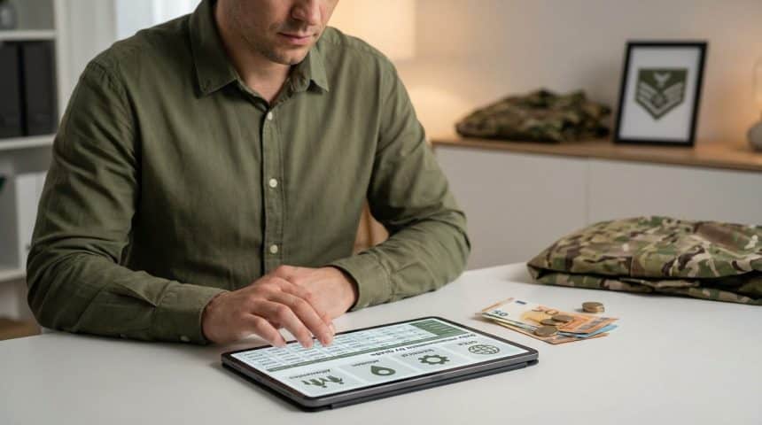 A reservist reviews detailed pay scales and allowances on a tablet, with cash and military gear nearby. Focuses on financial planning.