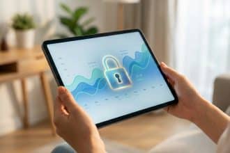 Hands hold a tablet displaying a secure online banking app with abstract charts and a glowing digital lock icon. Blurred modern interior background.