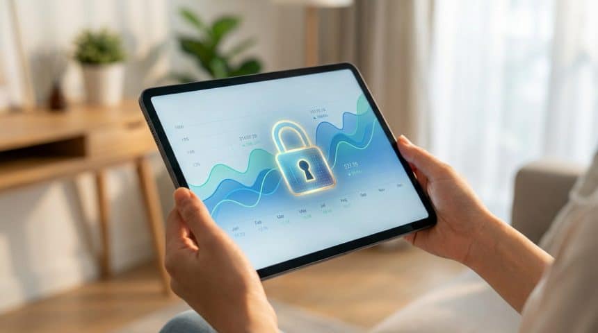 Hands hold a tablet displaying a secure online banking app with abstract charts and a glowing digital lock icon. Blurred modern interior background.