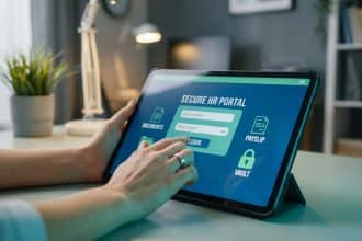 Hands log into a secure HR portal on a tablet, displaying login fields, document, payslip, and vault icons.
