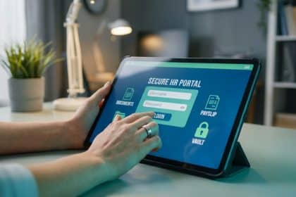 Hands log into a secure HR portal on a tablet, displaying login fields, document, payslip, and vault icons.