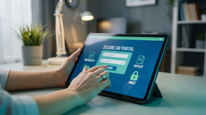 Hands log into a secure HR portal on a tablet, displaying login fields, document, payslip, and vault icons.