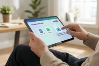 Hands confidently navigate a tablet displaying a secure online vault with document, payslip icons, and a glowing AES-256 security padlock. Blurred home office background.