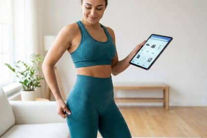Woman in teal activewear browsing e-commerce on a tablet, subtly touching her leggings, conveying quality in a bright home.