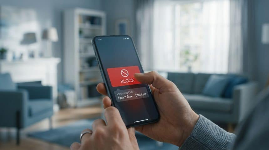 Hand holding smartphone, blocking a spam call. Screen shows 'Spam Risk - Blocked' and a red 'BLOCK' button. Blurred home background.